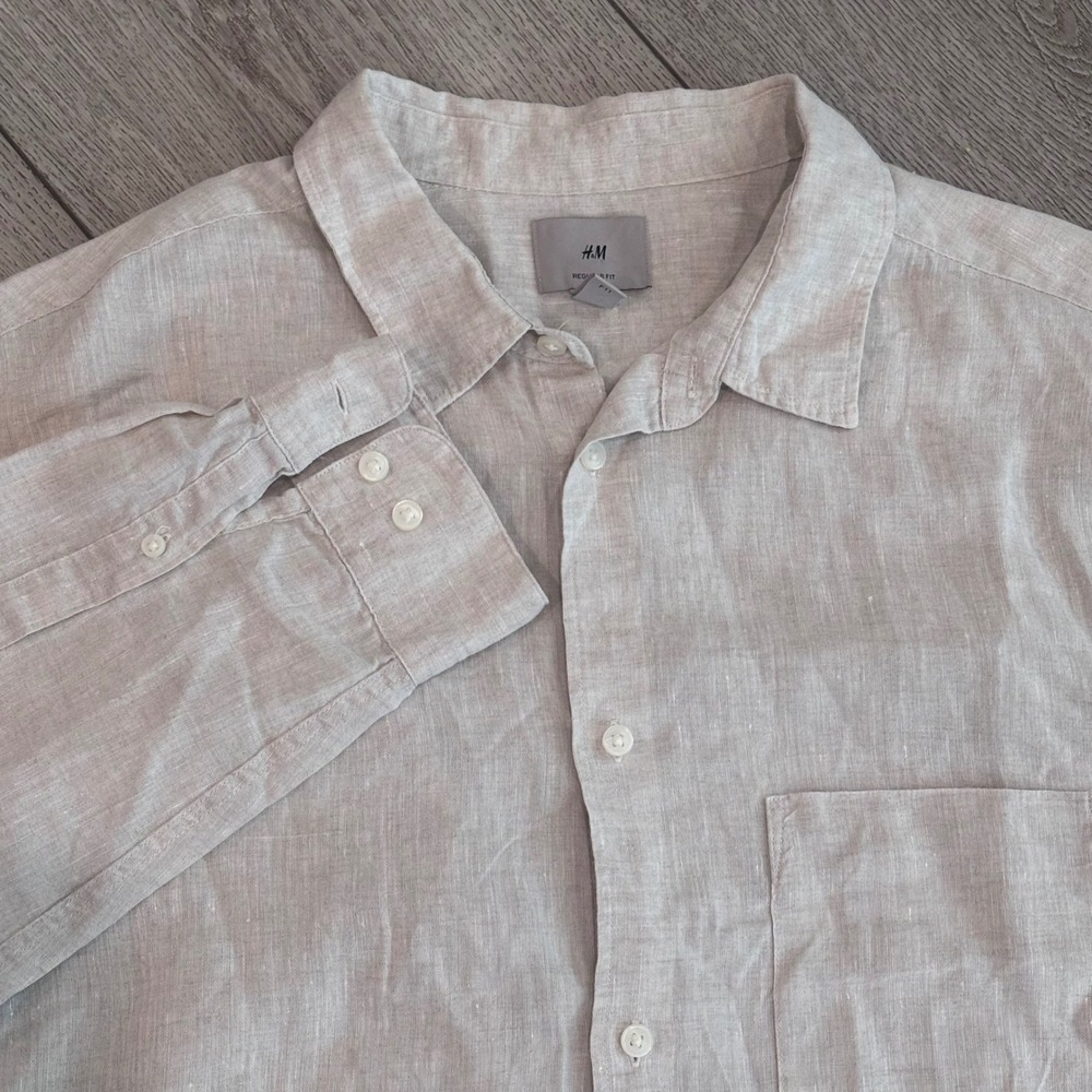H&M Linen Button Down Shirt Mens XXL Beige Regular Fit Long Sleeve Pocket Casual